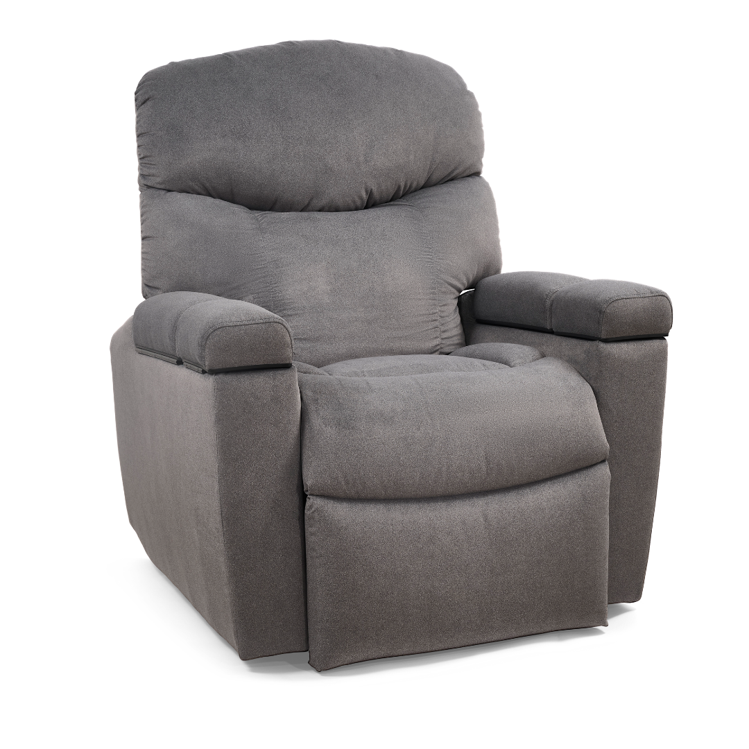 The Golden Tech PR525 Cloud+ Recliner with Lift Assist & Twilight is a large plush gray ergonomic chair with cushioned seat, backrest, and armrests, upholstered in soft fabric and shown against a white background.